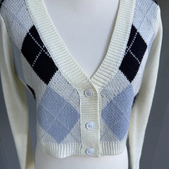 Full Tilt Long Sleeve Argyle Cardigan Cream, Light Blue and Dark Blue - Size M - Picture 4 of 7
